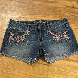 American Eagle Outfitters Blue Jean Shorts with Floral Embroidery